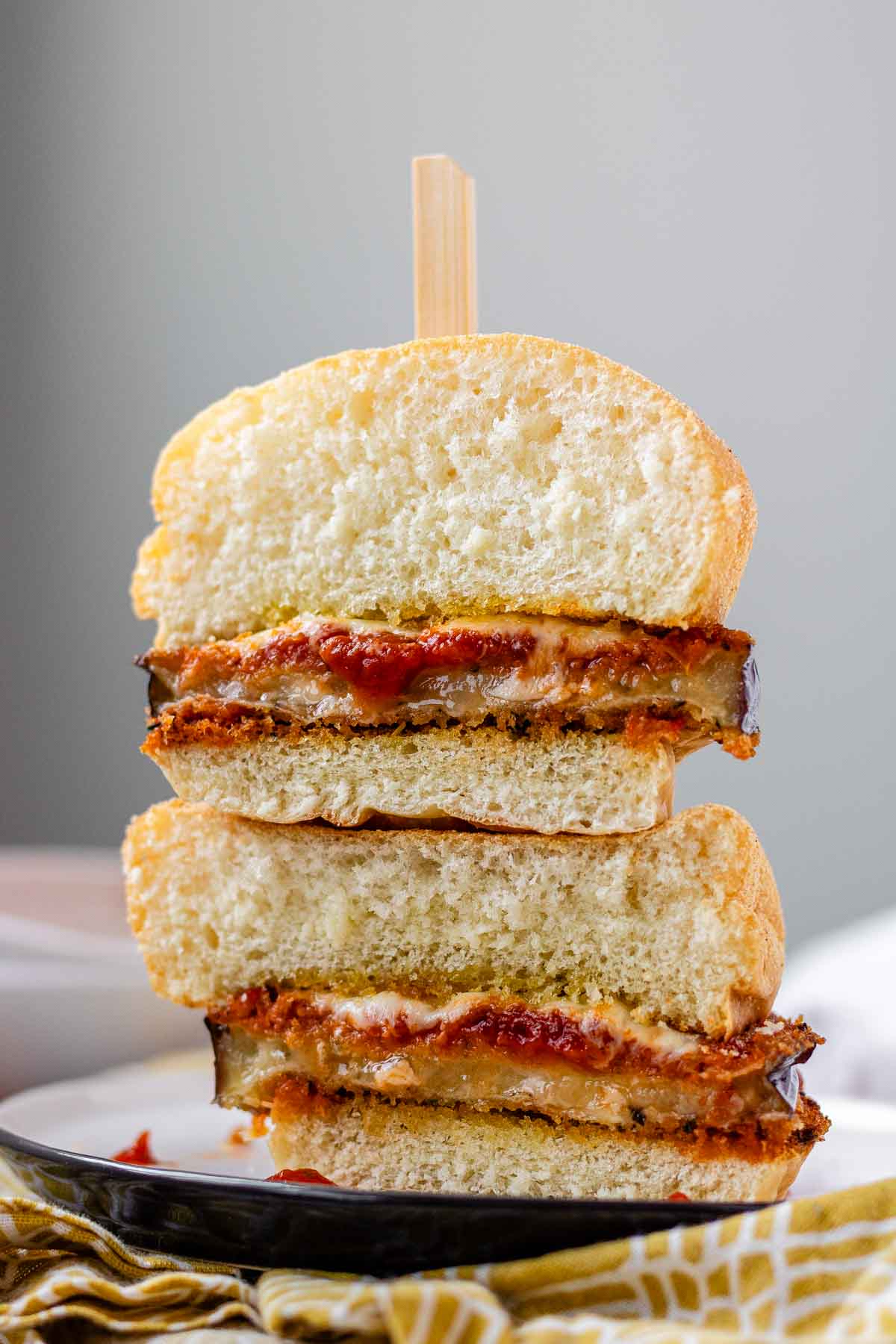 A stacked halved sandwich.