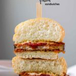 A stacked halved sandwich with the text eggplant parm sandwiches.