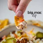 A hand holding a corn chip with dip, with the text big mac dip.