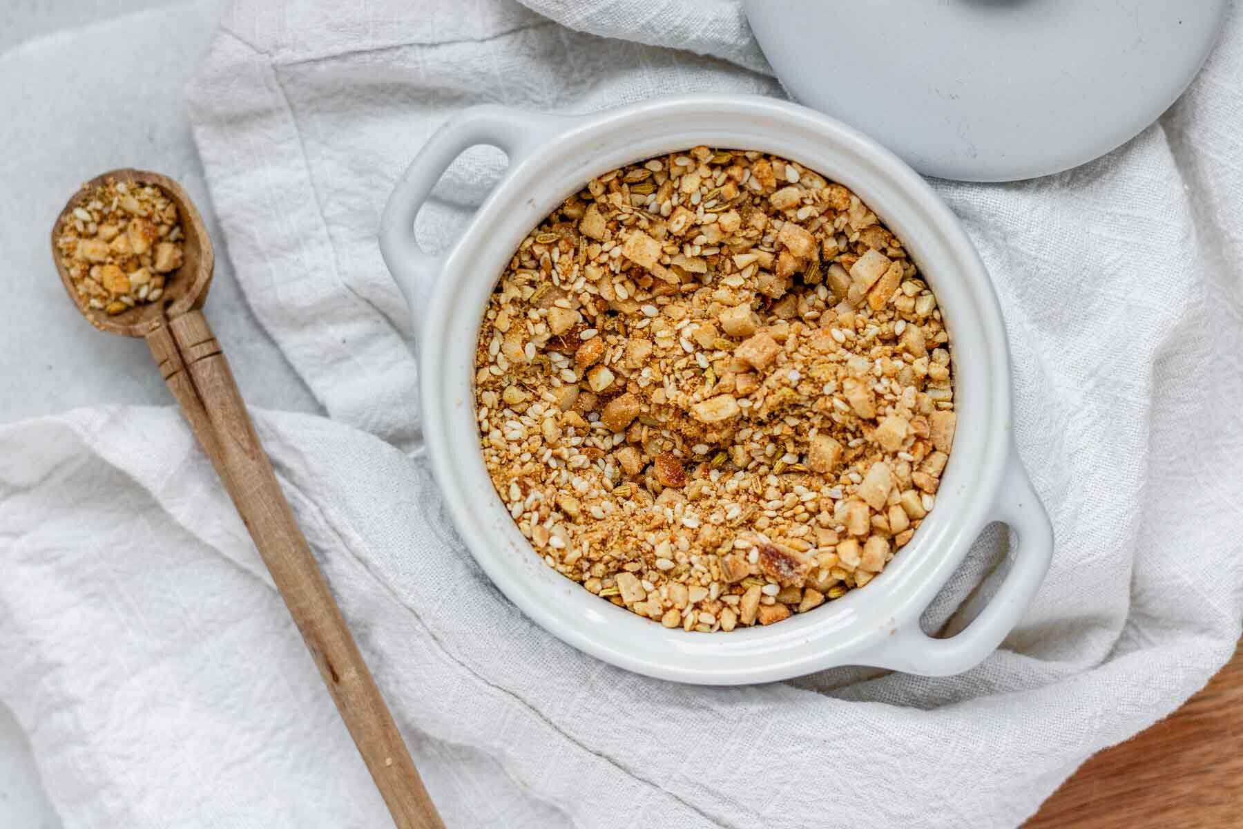A nut and seed mix in a bowl.