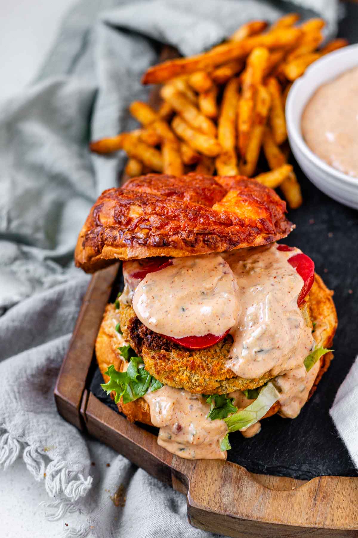 Burger sauce on a burger.
